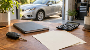 Illustration of car keys, a notebook and calculator for comparing trade-in and private-sale offers
