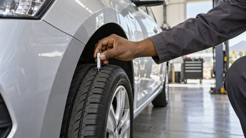Illustration of a tyre tread-depth check on a silver used car