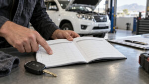 Illustration of someone reviewing an open vehicle service booklet beside car keys