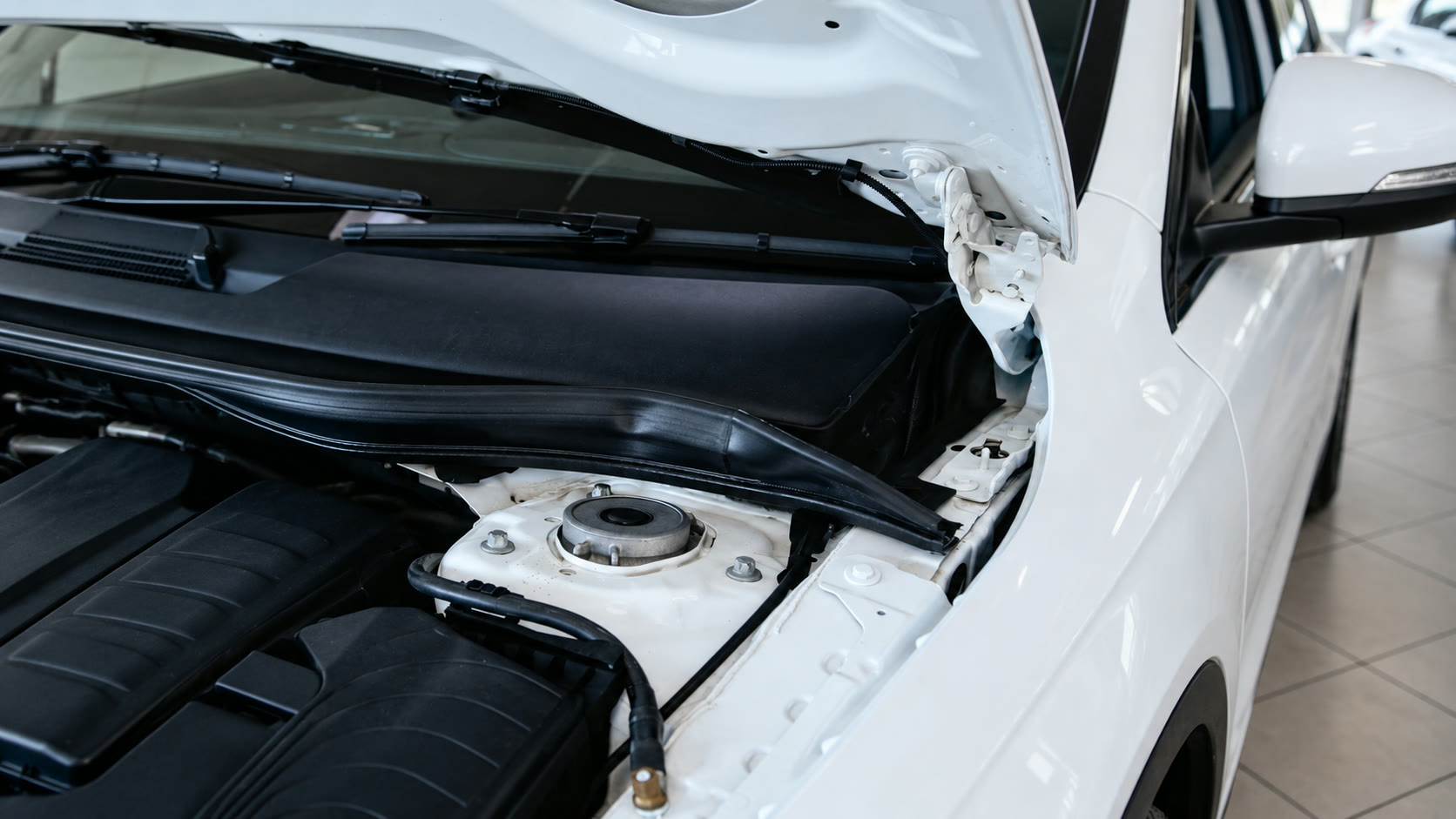 Illustration of painted bonnet fasteners and a white car’s engine bay for a repair-history inspection
